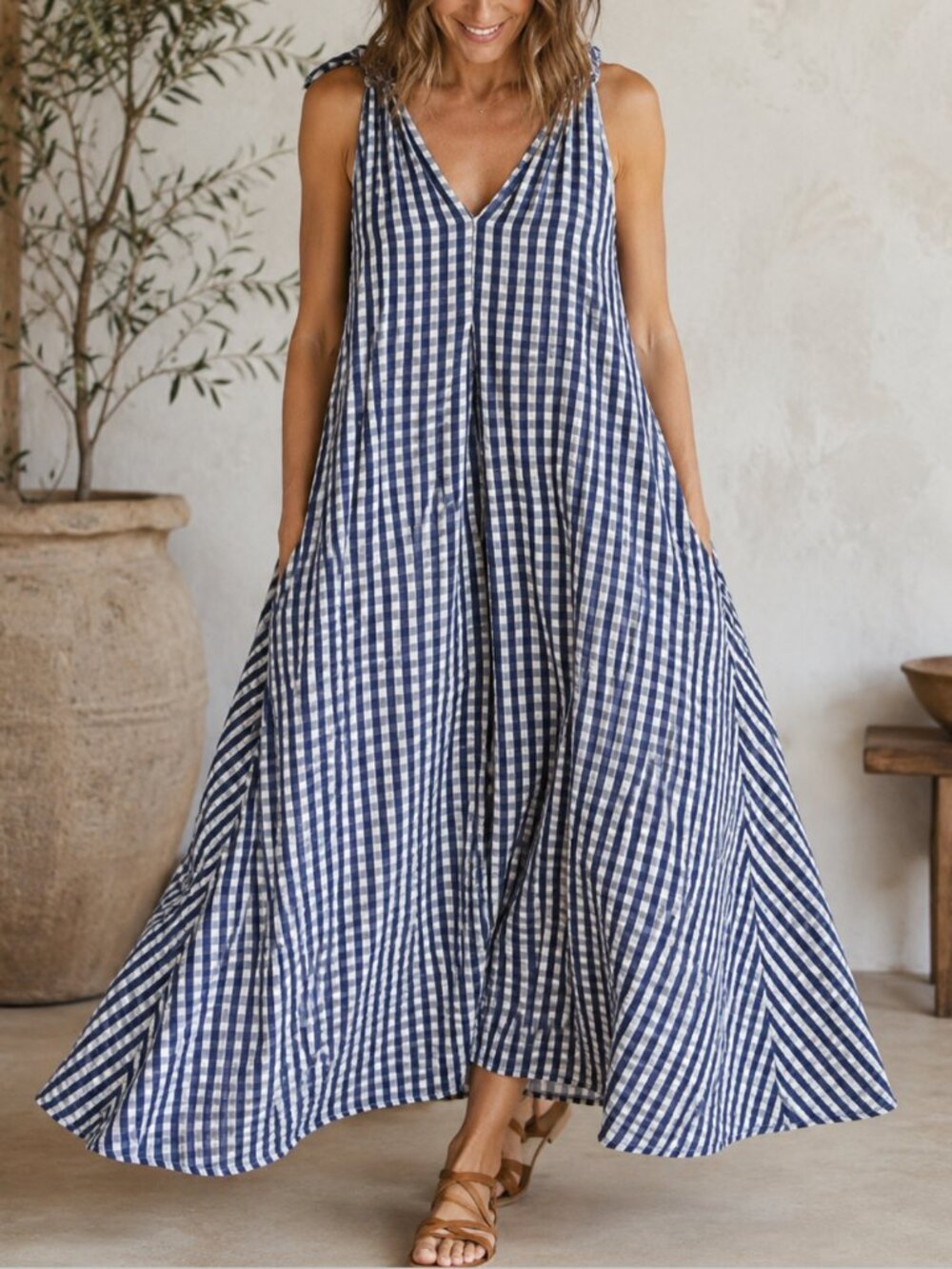 Lungo L'Arno 100% Italian Linen Blue White Gingham A-Line Maxi Dress M Lagenlook